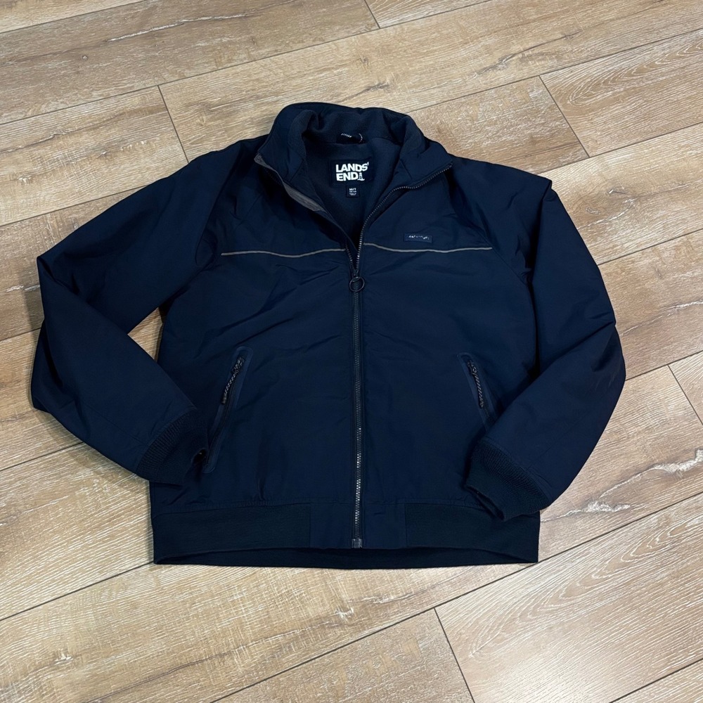 Lands End Mens Navy Blue Fleece Lined Bomber Jacket Size Medium Tall M/T